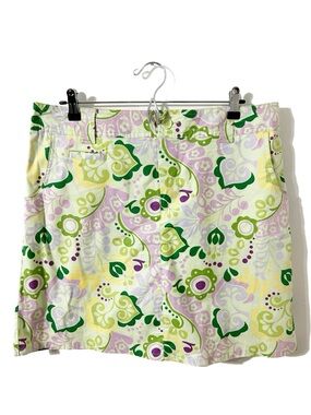 White Stag Women’s Floral Stretch Mini Skirt Green Paisley Retro Print Pockets